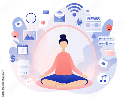 Information detox. Digital detox. Dome filter protects woman from unnecessary information. Information overload concept.  Meditation. Modern flat cartoon style. Vector illustration on white background