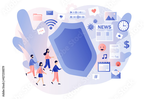 Information detox. Information overload. Tiny people protecting themselves from flow of information and news. Digital detox. Modern flat cartoon style. Vector illustration on white background