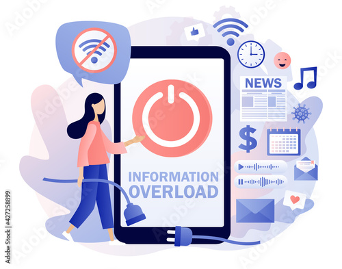 Information detox. Information overload. Tiny girl protecting themselves from flow of information and news turning off smartphone. Digital detox. Modern flat cartoon style. Vector illustration