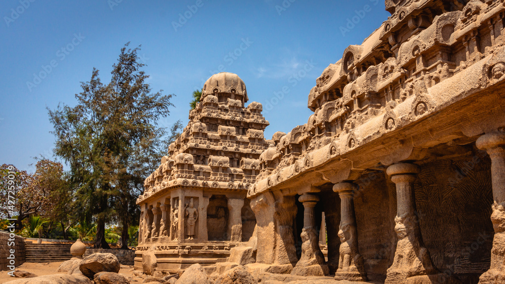 Exclusive Monolithic - Five Rathas are UNESCO's World Heritage Site located at Great South Indian architecture, Tamil Nadu, Mamallapuram, or Mahabalipuram