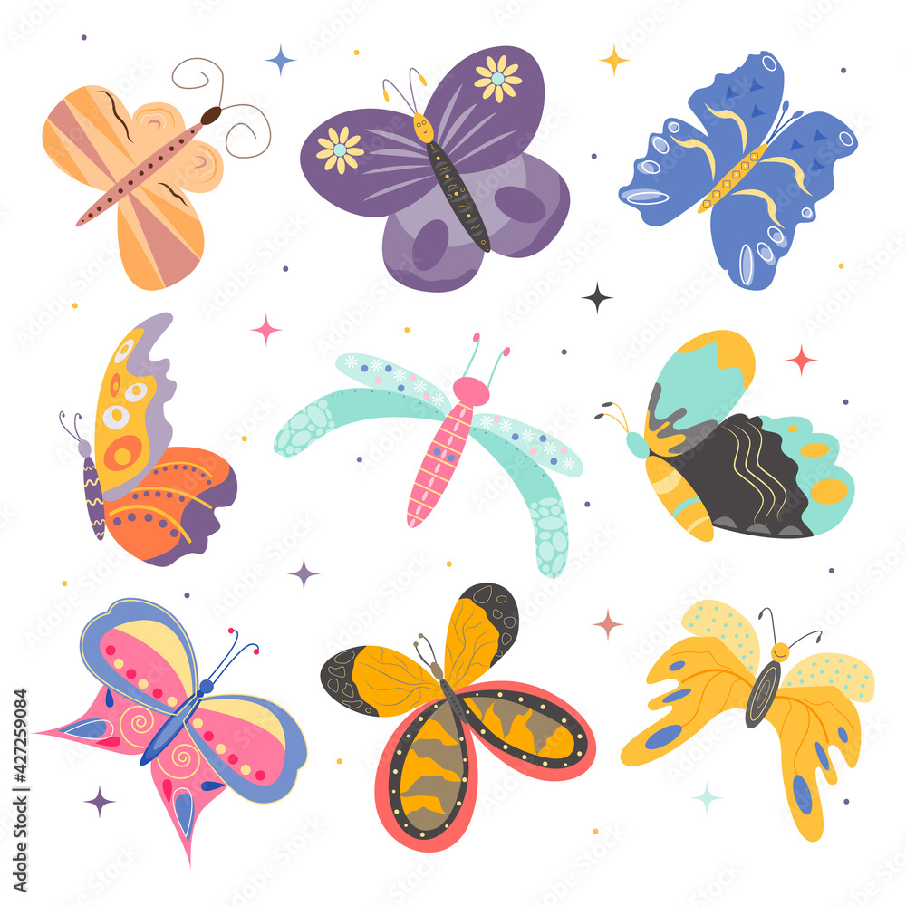 Collection of Exotic tropical cute butterflies. A colorful insects with ornate wings. vector cartoon illustration