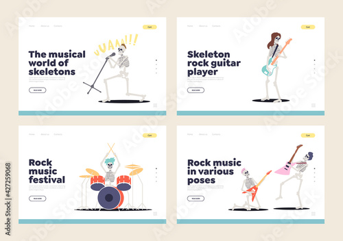 Set of landing page with skeleton musicians playing rock music. Musical festival open stage template