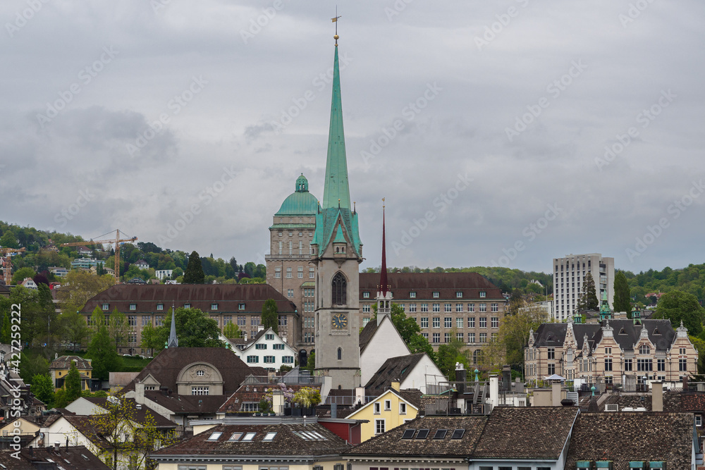 Fraumunster Church and rooftops of the old city center in Zurich, Switzerland