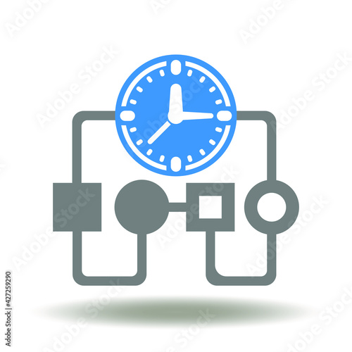 Flowchart with clock vector icon. Agile Software Development Plan Symbol. Time planning and management illustration. Strategy Algorithm Sign.
