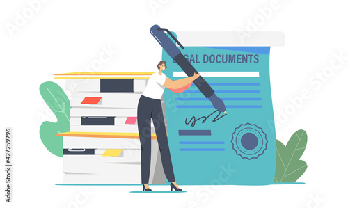 Tiny Lawyer Female Character with Huge Pen Signing Certificate with Seal Stamp. Notary or Attorney Professional Service