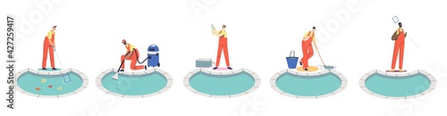 Swimming pool cleaning service workers work on outdoor pool maintenance and repair