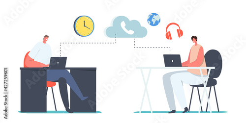 Characters Use IP Telephony Sitting at Office Desks. VOIP, Voice over IP Telecommunication System, Wireless Connection