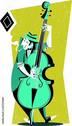 Double bass player - retro vector illustration