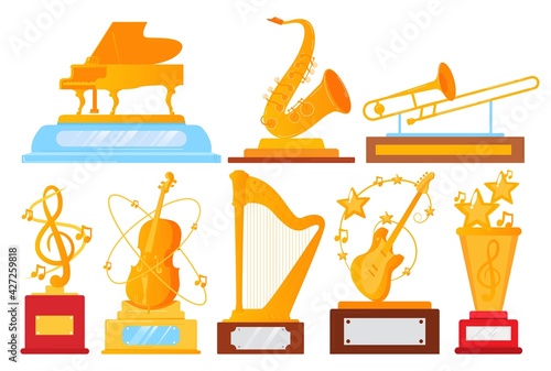 Musician trophy, set gold awards, prize achievement in music, design cartoon style vector illustration, isolated on white.