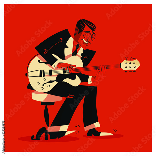 Retro Guitar player - vintage rock'n roll and jazz guitar musician illustration