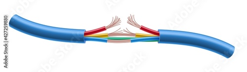Realistic detailed 3d color damaged electric cable. Connection problem