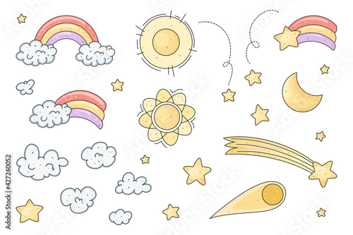 Cute hand drawn vector collection of sun, rainbow, cloud, moon and star isolated on white background. Kawaii sky icon set for package, wrapping paper, print, card, gift, fabric, textile, wallpaper.