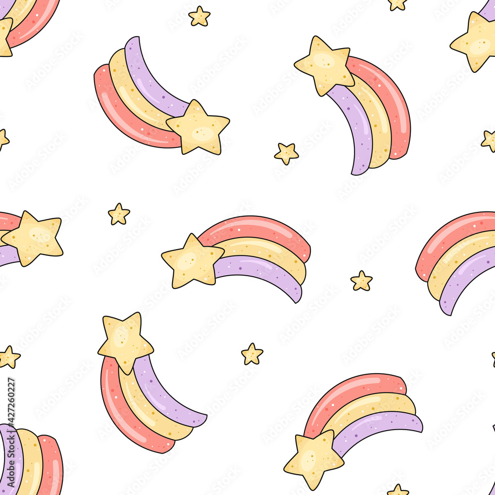 Naklejka premium Kawaii seamless pattern with shooting star with rainbow tail. Cute hand drawn vector sky background for kids fashion, room decor, nursery art, print, fabric, wrapping paper, textile, wallpaper, gift.