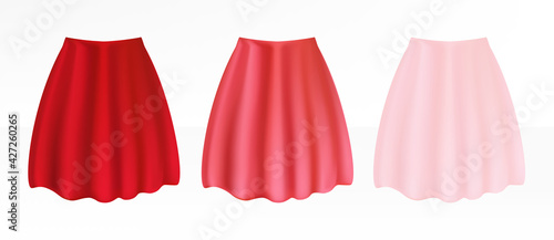 Set of the red and pink skirts isolated on greyish elegant background. Woman apparel collection in a casual style. Girl fashion elements of design. Premium vector.
