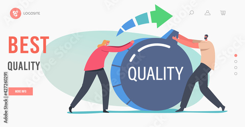 Best Quality Landing Page Template. Tiny Businesspeople Characters Pull Switch to Increase Level. Customers Feedback