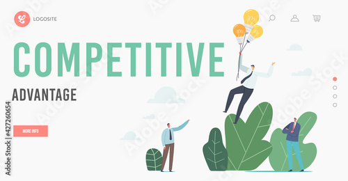 Competitive Advantages Landing Page Template. Worker Goal Achievement, Flight to Success, Businessman Flying on Balloon
