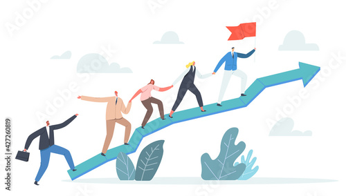 Business Characters Team Climbing at Huge Growing Graph. Leader Stand on Top with Hoisted Flag  Teamwork and Leadership
