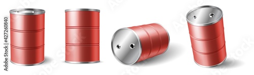 Set of red metal barrel. Container for liquid chemical products package and transportation