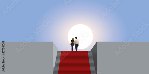 Paysage énigmatique montrant un couple qui monte symboliquement les marches d’un immense escalier recouvert d’un tapis rouge.