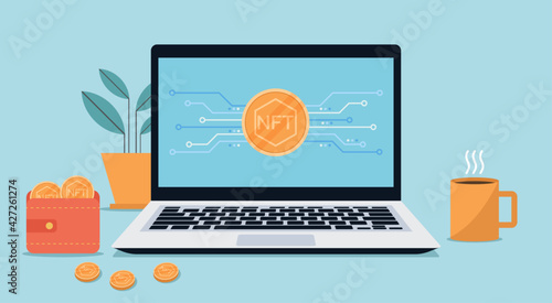 Concept of NFT, non-fungible token on laptop computer sale on internet online marketplace with blockchain technology and golden coin icon, vector flat illustration