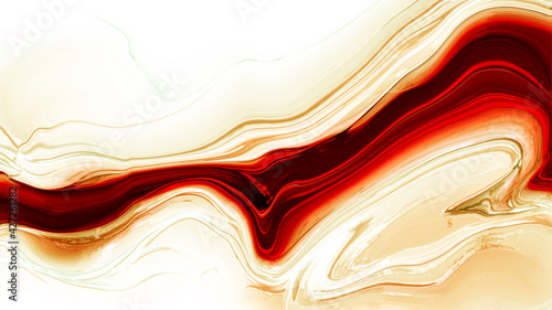 Red and gold liquid ink splash background. Marble fluid lines design.