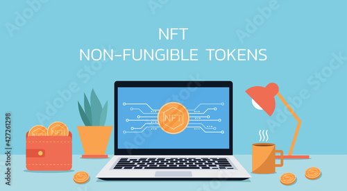Concept of NFT, non-fungible token on laptop computer with golden coin icon sale on internet online marketplace and blockchain technology, vector flat illustration
