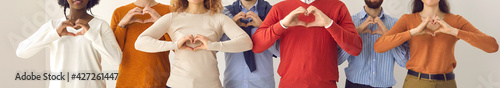 Group of thankful youth and senior citizens showing love and support and sending gratitude. Banner with midsection shot of young and mature people doing heart shape hand gesture photo