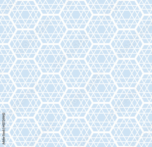 Seamless geometric hexagons and triangles blue pattern.