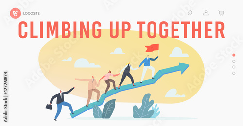 Business Team Climbing at Huge Growing Arrow Graph Landing Page Template. Leader with Flag, Business People Teamwork