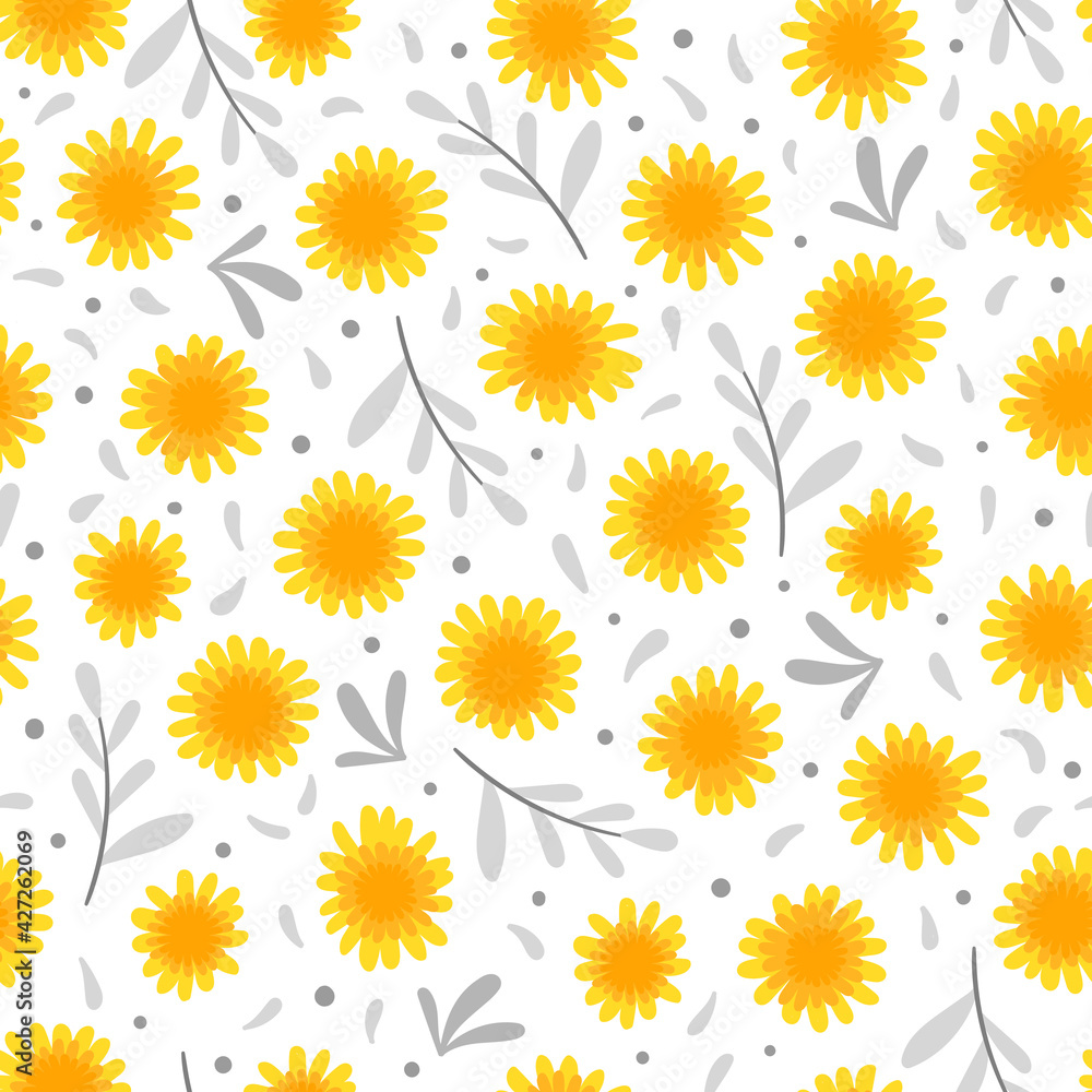 Obraz premium A cute dandelion. Yellow spring flowers. Seamless vector pattern