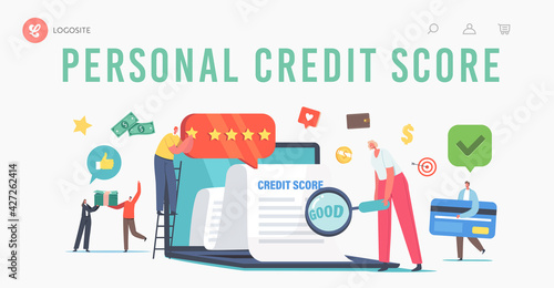 Personal Good Credit Score Landing Page Template. Creditworthiness or Risk of Individuals for Debt, Mortgage or Cards