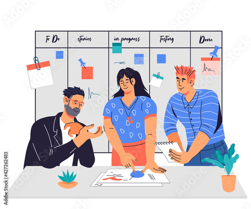 Team working together against SCRUM task board with sticky notes. Teamwork on common project and SCRUM business meeting. Programming and planning, flat vector illustration isolated on background.