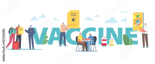 Vaccination for Travelers, Covid Immune Medical Certificate Concept. Characters Getting Vaccine for Health Passport