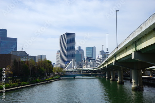 City view of Nakanoshima over blue sky background in Osaka prefecture  Japan -                        