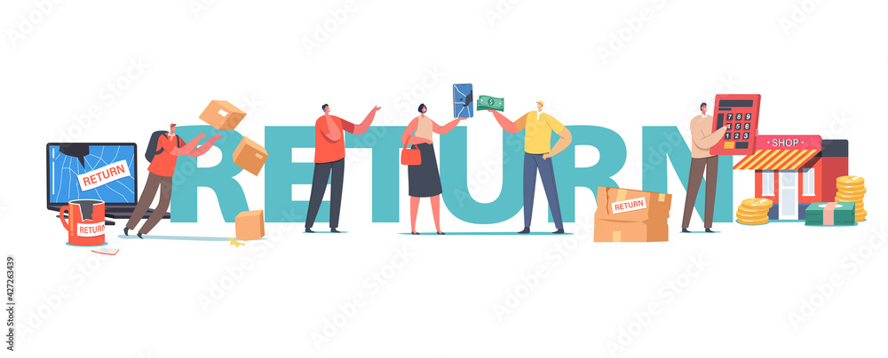 Broken Goods Return Concept. Characters Return Damaged Things to Shop, Cracked Laptop, Cup and Smartphone, Courier Drop Parcel on Ground Poster, Banner or Flyer. Cartoon People Vector Illustration