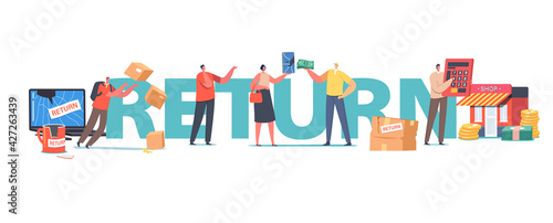 Broken Goods Return Concept. Characters Return Damaged Things to Shop, Cracked Laptop, Cup and Smartphone, Courier Drop Parcel on Ground Poster, Banner or Flyer. Cartoon People Vector Illustration