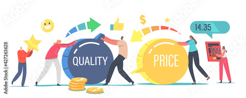Price and Quality Balance Concept. Tiny Male Female Characters Turn Huge Switches. Customers Satisfaction with Product