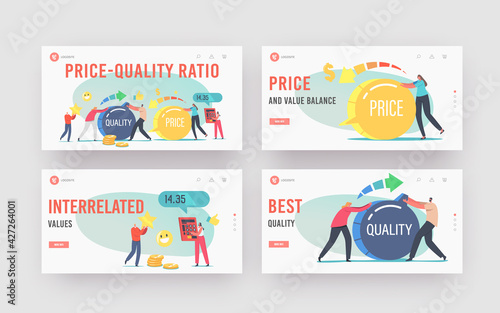 Price and Quality Ratio Landing Page Template Set. Tiny Characters Turn Huge Switch. Customers Satisfaction with Product