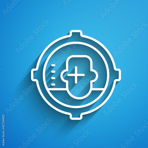 White line Headshot icon isolated on blue background. Sniper and marksman is shooting on the head of man, lethal attack, assault and assassination. Long shadow. Vector
