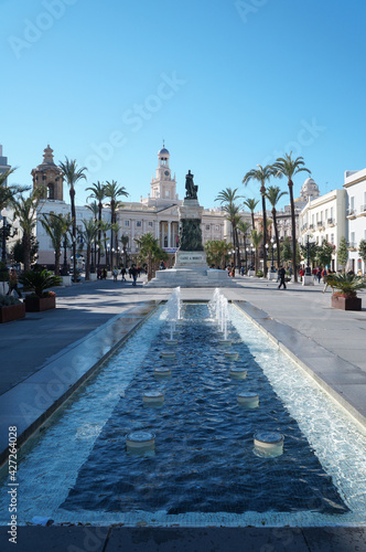 View of the Plaza de San Juan de Dios with fountain and façade of the Old Town Hall, Cadiz, Spain
