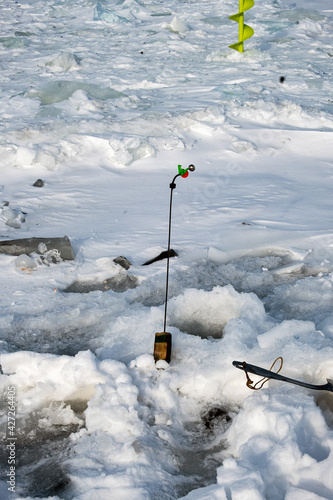 fishing rod for winter fishing in a hole on the river