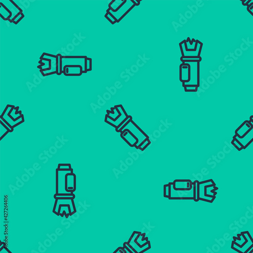 Blue line Police electric shocker icon isolated seamless pattern on green background. Shocker for protection. Taser is an electric weapon. Vector