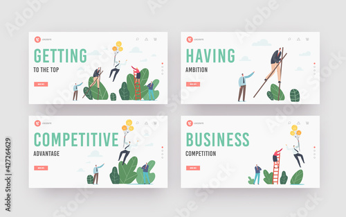 Competitive Advantage Landing Page Template Set. Characters Walking on Stilts, Climbing Ladder and Flying on Balloons