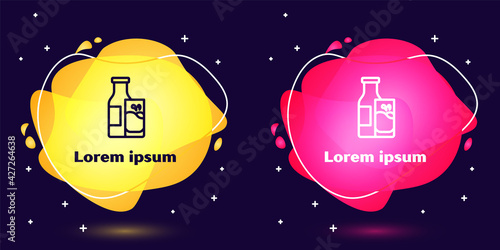 Set line Closed glass bottle with milk and glass icon isolated on blue background. Abstract banner with liquid shapes. Vector