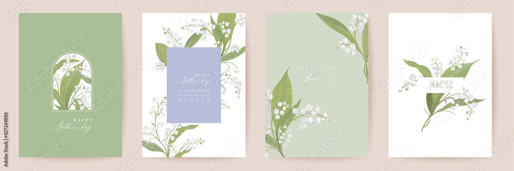 Mother day watercolor card set. Greeting mom minimal postcard design. Vector white lily flowers template