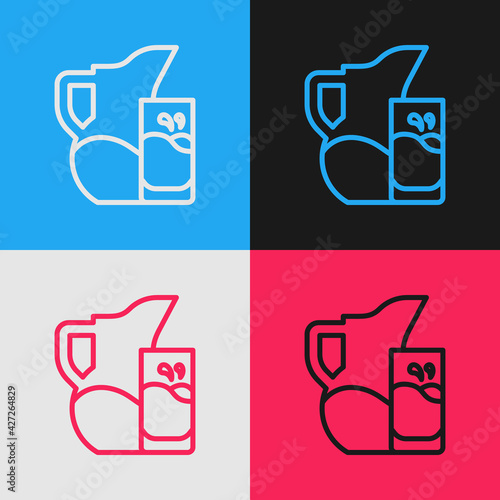 Pop art line Milk jug or pitcher and glass icon isolated on color background. Vector
