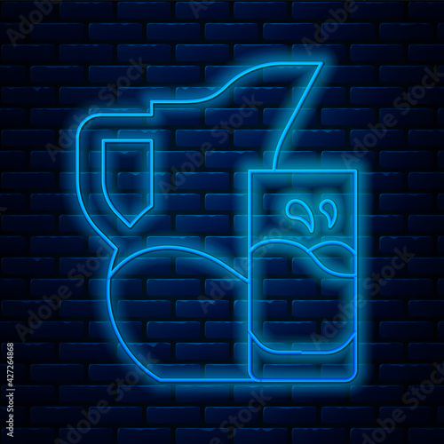 Glowing neon line Milk jug or pitcher and glass icon isolated on brick wall background. Vector
