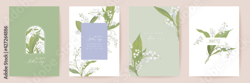 Mother day watercolor card set. Greeting mom minimal postcard design. Vector white lily flowers template