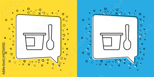 Set line Yogurt container with spoon icon isolated on yellow and blue background. Yogurt in plastic cup. Vector