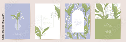Watercolor Mother day card set. Greeting mom minimal postcard design. Vector white lily flowers template